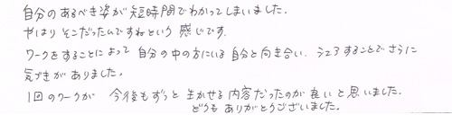 �����̂���ׂ��p���Z���Ԃŕ������Ă��܂��܂����B��͂�ꂾ������ł��˂Ƃ��������ł��B���[�N���邱�Ƃɂ���Ď����̒��ɋ��鎩���ƌ������V�F�A���邱�Ƃł���ɋC�t��������܂����B1��̃��[�N�����������������e�������̂��ǂ��Ǝv���܂���